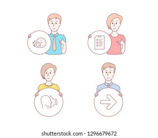 People hand drawn style. Set of Checklist, Face id and Dishwasher timer icons. Next sign. Data list, Identification system, Cleaning dishes. Forward.  Character hold circle button. Man with like hand