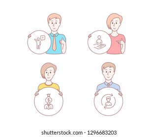 People hand drawn style. Set of Recruitment, Agent and Manager icons. Human resources sign. Hr, Business person, Work profit. Update profile.  Character hold circle button. Man with like hand. Vector