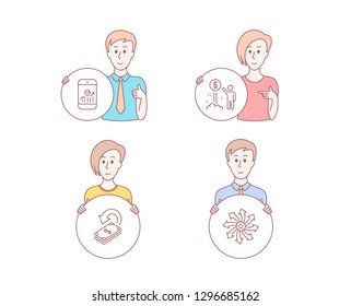 People hand drawn style. Set of Income money, Cashback and Smartphone statistics icons. Versatile sign. Wealth, Financial transfer, Mobile business. Multifunction.  Character hold circle button