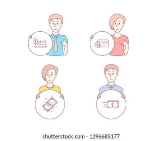 People hand drawn style. Set of Payment, Payment method and Online accounting icons. Money transfer sign. Finance, Web audit, Cash delivery.  Character hold circle button. Man with like hand. Vector
