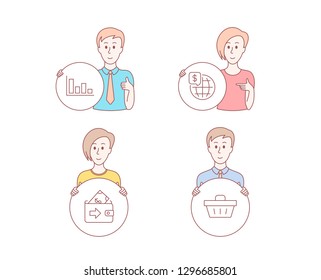 People hand drawn style. Set of World money, Histogram and Wallet icons. Shopping basket sign. Global markets, Economic trend, Money payment. Sale offer.  Character hold circle button. Vector