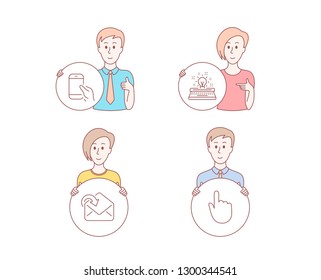 People hand drawn style. Set of Hold smartphone, Receive mail and Typewriter icons. Hand click sign. Phone call, Incoming message, Inspiration. Location pointer.  Character hold circle button. Vector