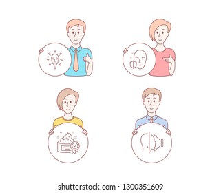 People hand drawn style. Set of Face biometrics, Face protection and Cream icons. Facial recognition, Secure access, Best lotion. Phone scanning.  Character hold circle button. Man with like hand