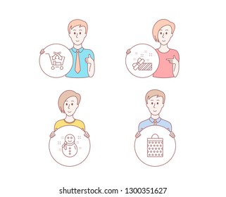 People hand drawn style. Set of Present, Snowman and Cross sell icons. Shopping bag sign. Gift, New year, Market retail. Paper package.  Character hold circle button. Man with like hand. Vector