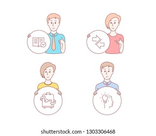 People hand drawn style. Set of Approved documentation, Luggage and Synchronize icons. Idea sign. Instruction book, Baggage locker, Communication arrows. Professional job. Vector