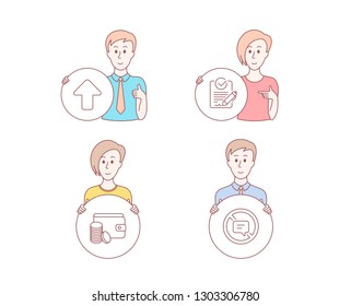 People hand drawn style. Set of Payment method, Rfp and Upload icons. Stop talking sign. Wallet with coins, Request for proposal, Load arrowhead. Do not talk.  Character hold circle button. Vector