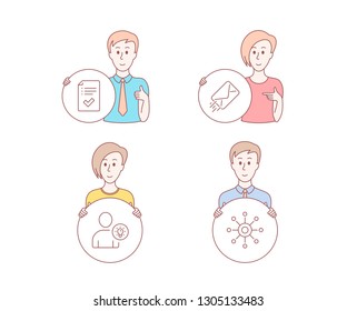 People hand drawn style. Set of User idea, E-mail and Approved checklist icons. Multichannel sign. Light bulb, Mail delivery, Accepted message. Multitasking.  Character hold circle button. Vector