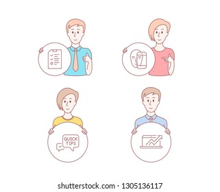 People hand drawn style. Set of Face biometrics, Interview and Quick tips icons. Sales diagram sign. Facial recognition, Checklist file, Helpful tricks. Sale growth chart. Vector