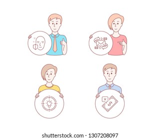 People hand drawn style. Set of E-mail, Face protection and Idea icons. Rejected payment sign. Communication by letters, Secure access, Solution. Bank transfer.  Character hold circle button. Vector