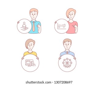 People hand drawn style. Set of Column diagram, Recruitment and Online payment icons. Ferris wheel sign. Sale statistics, Hr, Money. Attraction park.  Character hold circle button. Man with like hand