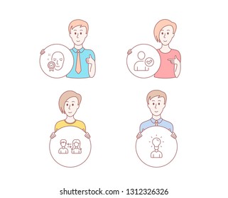 People hand drawn style. Set of Face verified, Identity confirmed and People communication icons. Education sign. Access granted, Person validated, People talking. Human idea. Vector