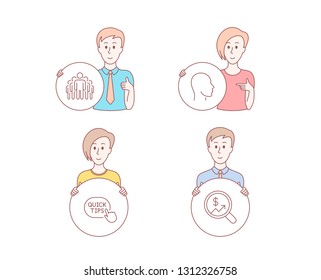 People hand drawn style. Set of Head, Quick tips and Group icons. Currency audit sign. Human profile, Helpful tricks, Managers. Money chart.  Character hold circle button. Man with like hand. Vector