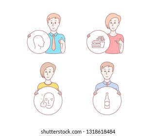 People hand drawn style. Set of Healthy face, Head and Burger icons. Beer bottle sign. Healthy cosmetics, Human profile, Cheeseburger. Craft beer.  Character hold circle button. Man with like hand