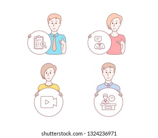 People hand drawn style. Set of Support service, Accounting report and Video camera icons. Presentation time sign. Human talking, Check finance, Movie or cinema. Report.  Character hold circle button