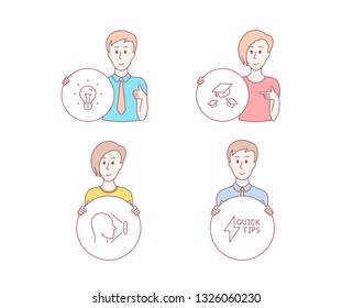 People hand drawn style. Set of Throw hats, Idea and Face id icons. Quickstart guide sign. College graduation, Light bulb, Identification system. Lightning symbol.  Character hold circle button