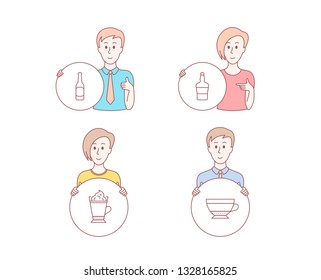 People hand drawn style. Set of Beer, Latte coffee and Scotch bottle icons. Dry cappuccino sign. Bar drink, Hot drink with whipped cream, Brandy alcohol. Beverage mug.  Character hold circle button