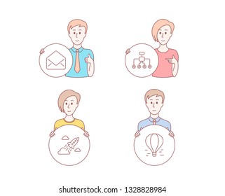 People hand drawn style. Set of Mail, Restructuring and Startup rocket icons. Air balloon sign. E-mail, Delegate, Business innovation. Flight travel.  Character hold circle button. Man with like hand