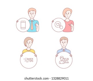 People hand drawn style. Set of Like button, Smartphone and Education icons. Success business sign. Press love, Cellphone or phone, Quick tips. Growth chart.  Character hold circle button. Vector