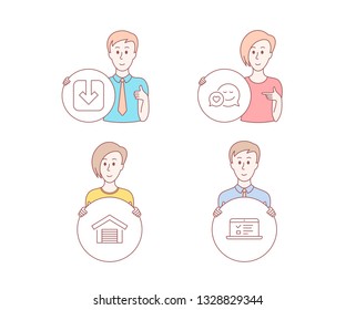 People hand drawn style. Set of Parking garage, Load document and Dating icons. Web lectures sign. Car place, Download arrowhead, Love messenger. Online test.  Character hold circle button. Vector