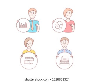 People hand drawn style. Set of Methodology, Face search and Bar diagram icons. Typewriter sign. Development process, Find user, Statistics infochart. Writer machine.  Character hold circle button