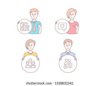 People hand drawn style. Set of Couple love, Love message and Social media icons. Dating chat sign. Dating service, Mobile devices.  Character hold circle button. Man with like hand. Vector