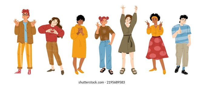 People with hand gestures, thumb up, ok, victory, heart and raise arms. Diverse happy characters show symbols of okay, like and love with hands, vector flat illustration