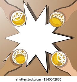People Hand Group Hold Beer Glasses Bar Table Cheers with speech bubbles