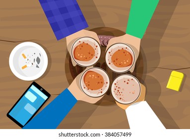 People Hand Group Hold Beer Glasses Bar Table Cheers Flat Vector Illustration