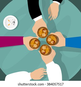 People Hand Group Hold Whiskey Glasses Bar Table Cheers Toast Flat Vector Illustration