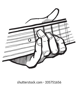 People hand with guitar. Line sketched vintage illustration.