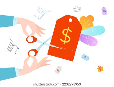 People hand hold scissors cut price ribbon tag, big discount cash sale clearance flat vector illustration, isolated on white.