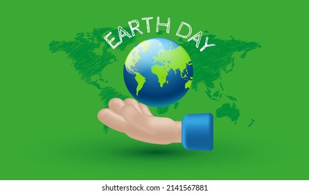 People hand holding the earth icon. happy earth day celebration for environment safety concept 3d vector illustration style