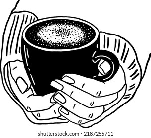 People hand holding Hot coffee cup Hand drawn line art