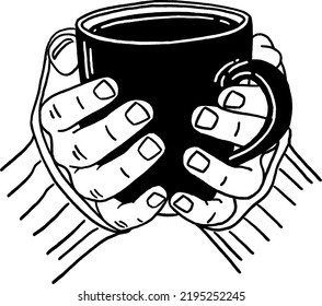 People hand holding Hot coffee cup Hand drawn line art illustration