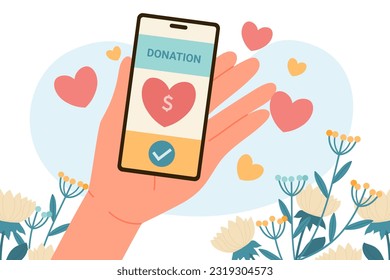 People hand holding phone with donation mobile app. Person holding smartphone to donate money support, solidarity concept vector illustration