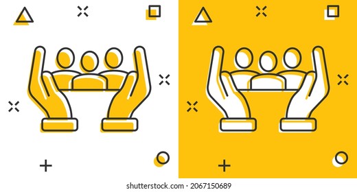 People and hand icon in comic style. Protect life cartoon vector illustration on white isolated background. Help splash effect business concept.