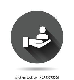 People and hand icon in flat style. Protect life vector illustration on black round background with long shadow effect. Help business circle button concept.