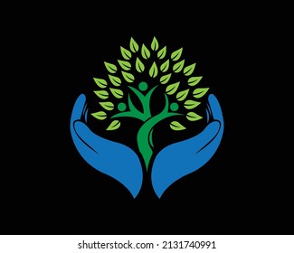 People, Hand and Leaf Healthy Logo Template. Abstract family icon.