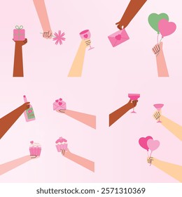 People Hand Party Celebration in Love Theme illustration Collection Set.