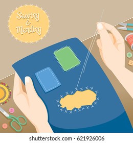 People Hand Patching Clothes In Embroidery Hoop, Needlework, Tailor, Handmade, Dressmaking, Housekeeper, Hobby, Profession, Occupation