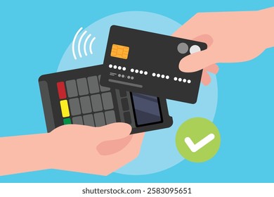 People hand pays for a purchase by credit or debit card. Contactless payment with wireless NFC pay wave on card, Terminal credit card pay done confirm with green correct check mark.