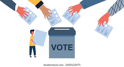 people hand putting voting paper in the ballot box Vote ballot box. Group of people putting paper vote into the box. Election concept. Democracy, Freedom of speech, justice voting and opinion.