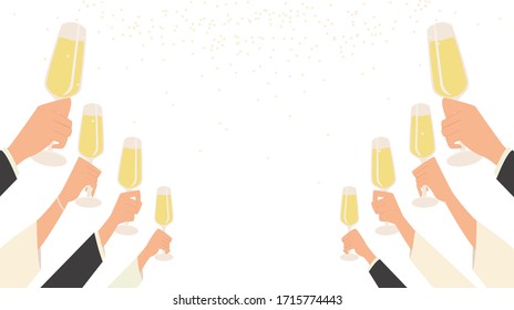 people hand raise champagne glasses to celebrating party in flat icon design on white color background