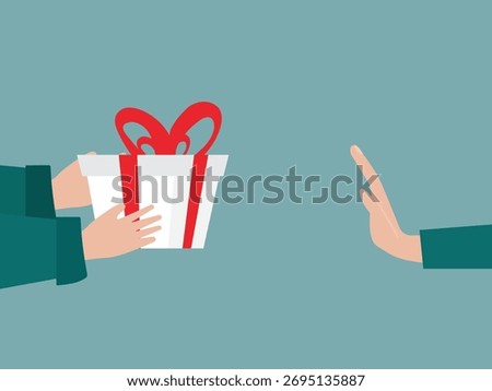 People hand refuses to receive the gift or present box from other people. Hand Refusing Bribe Gift. Hand rejecting proposal with gift box. Vector illustration