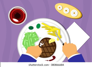 People Hand, Restaurant Meat Stake Dish Food, Wine Top View Flat Vector Illustration