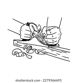 People Hand shaving wood Carpenter job Hand drawn line art illustration