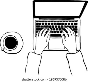 People Hand type on Laptop keyboard Business meeting concept Hand drawn line art illustration