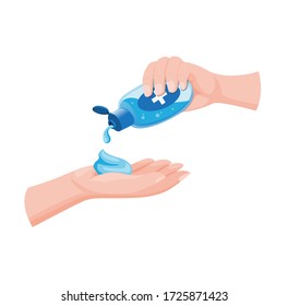 People hand using hand sanitizer product, washing hand with Antibacterial hand sanitizer, disinfection gel in cartoon realistic illustration vector isolated in white background