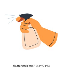 People hand with yellow gloves holding cleaning spray bottle. Surface cleaning with Spraying antibacterial sanitizing spray. Cleaner in the hand medical gloves. Hand drawn flat vector illustration.