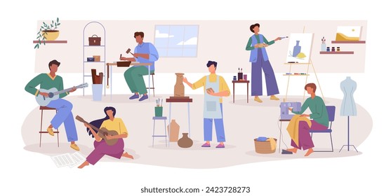 People handicraft hobbies drawing handmade manufacturing pottery, minimalistic characters collection, professionals creative persons background. vector cartoon flat characters background.